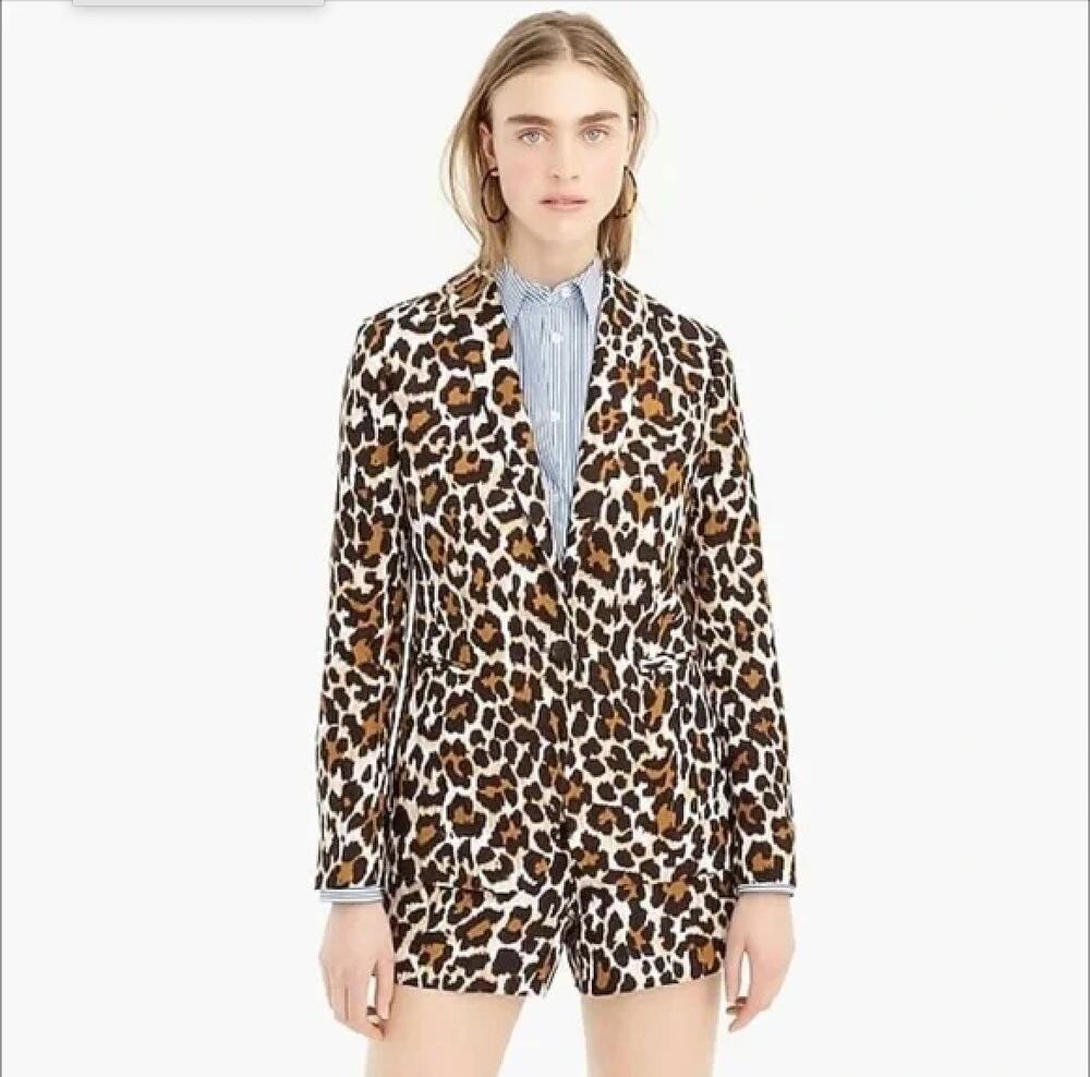 J.Crew Parke Blazer + Short Set Linen Blend Womens Size 00/0 Leopard Print